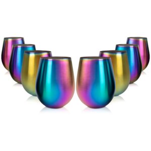 'Eco Unbreakable Holographic Stainless Steel Wine Glasses (16 oz, Set of 8) - Multi-Color Wine Tumblers Maintain Drink Temperature - Great for Entertaining & Parties - Shatterproof, Reusable Tumblers