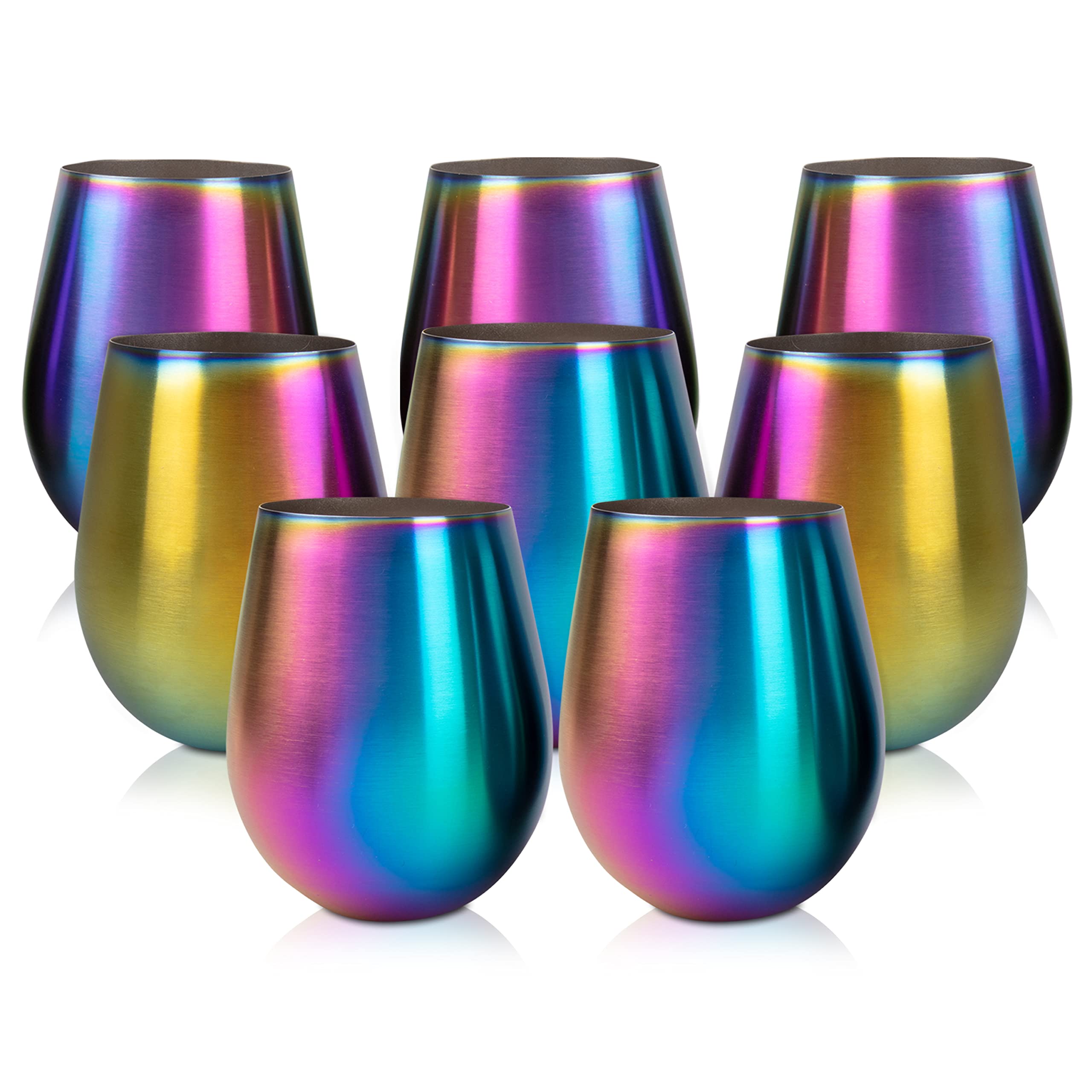 'Eco Unbreakable Holographic Stainless Steel Wine Glasses (16 oz, Set of 8) - Multi-Color Wine Tumblers Maintain Drink Temperature - Great for Entertaining & Parties - Shatterproof, Reusable Tumblers