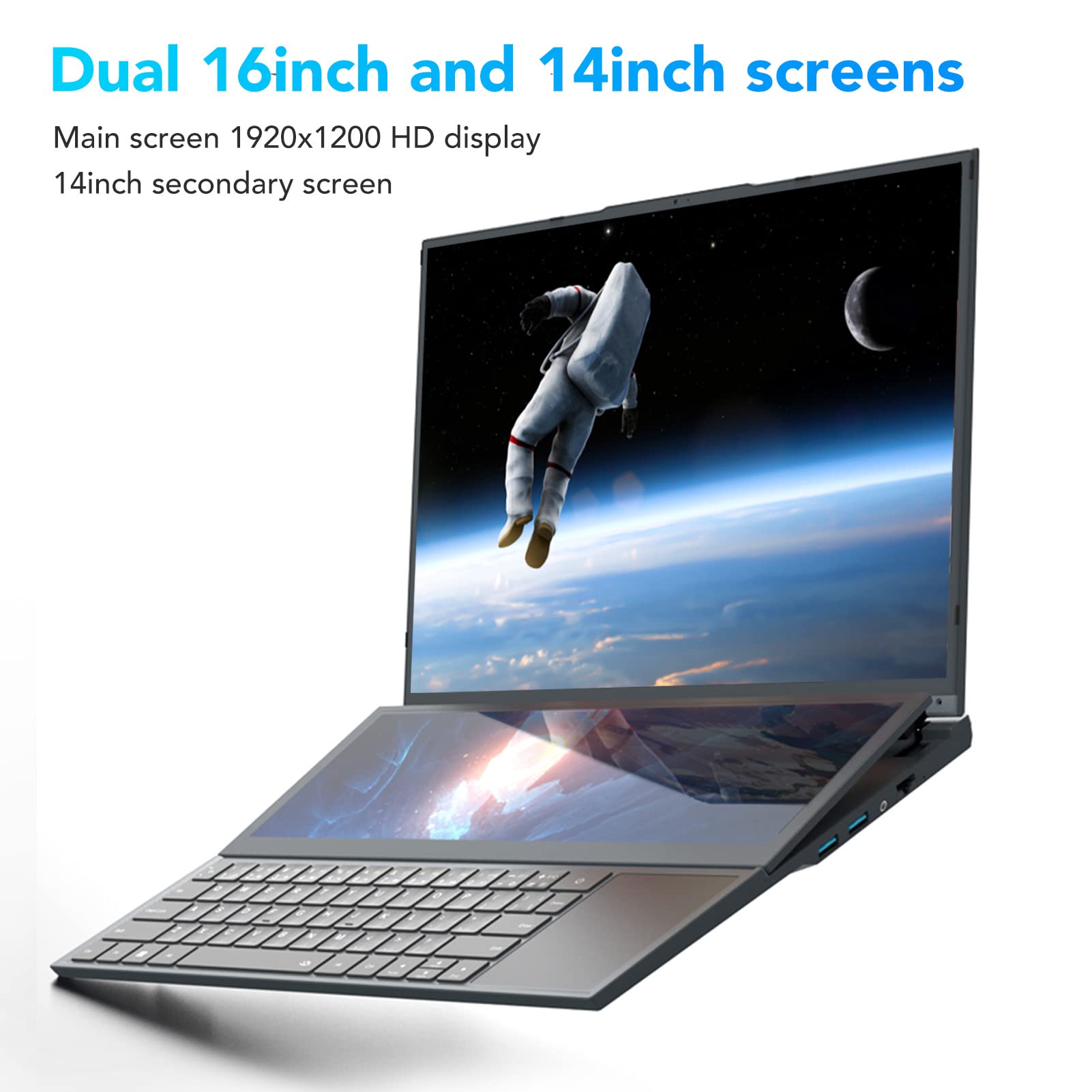 Acogedor 16in Dual Screen Laptop, 16inch HD Main Screen 14inch Touch Sub Screen Portable Gaming Laptop for Intel for Core i7 CPU, 16GB RAM 64GB ROM Dual Channel Memory, 13600mAh Battery
