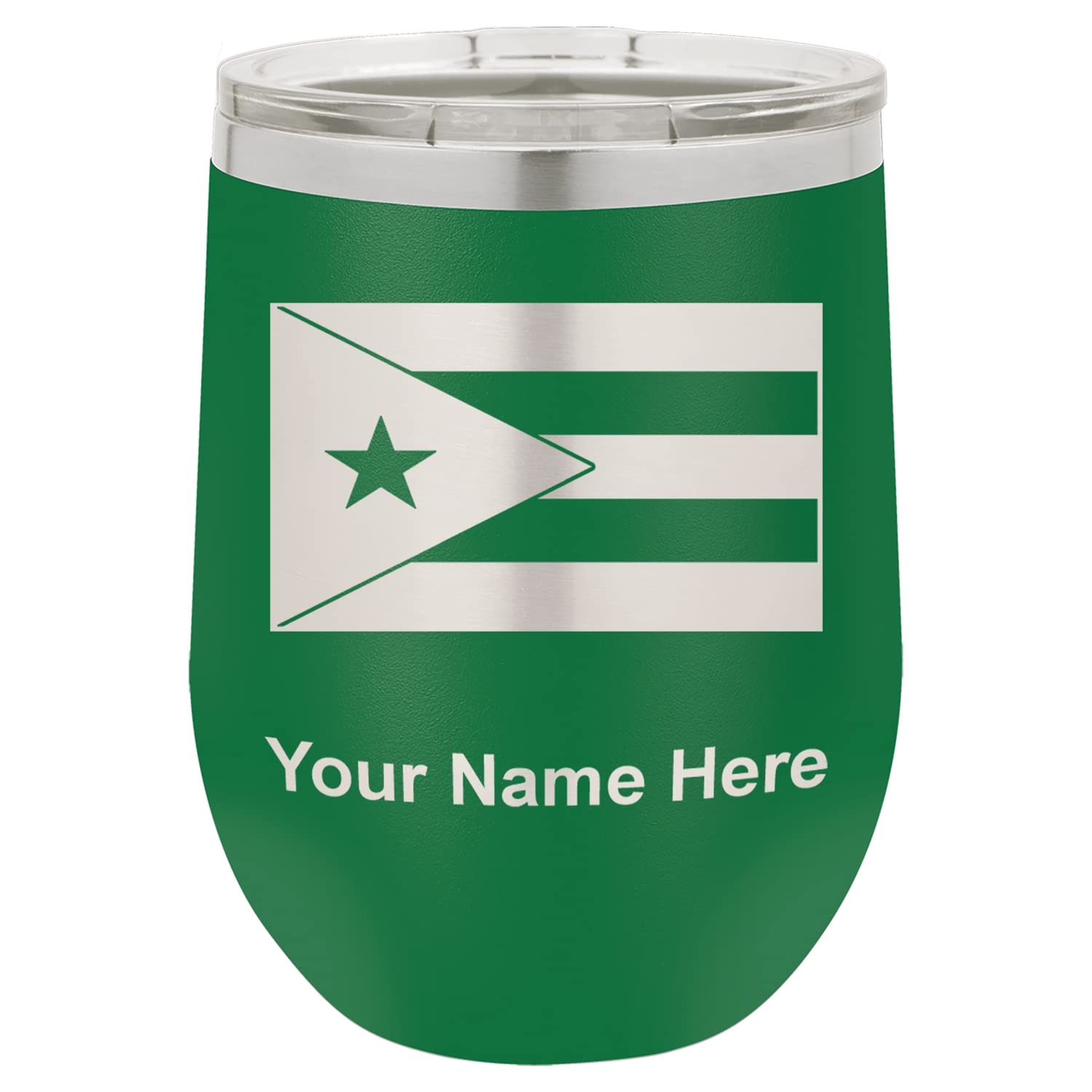 LaserGram Double Wall Stainless Steel Wine Glass Tumbler, Flag of Puerto Rico, Personalized Engraving Included (Green)