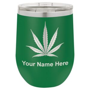 lasergram double wall stainless steel wine glass tumbler, marijuana leaf, personalized engraving included (green)