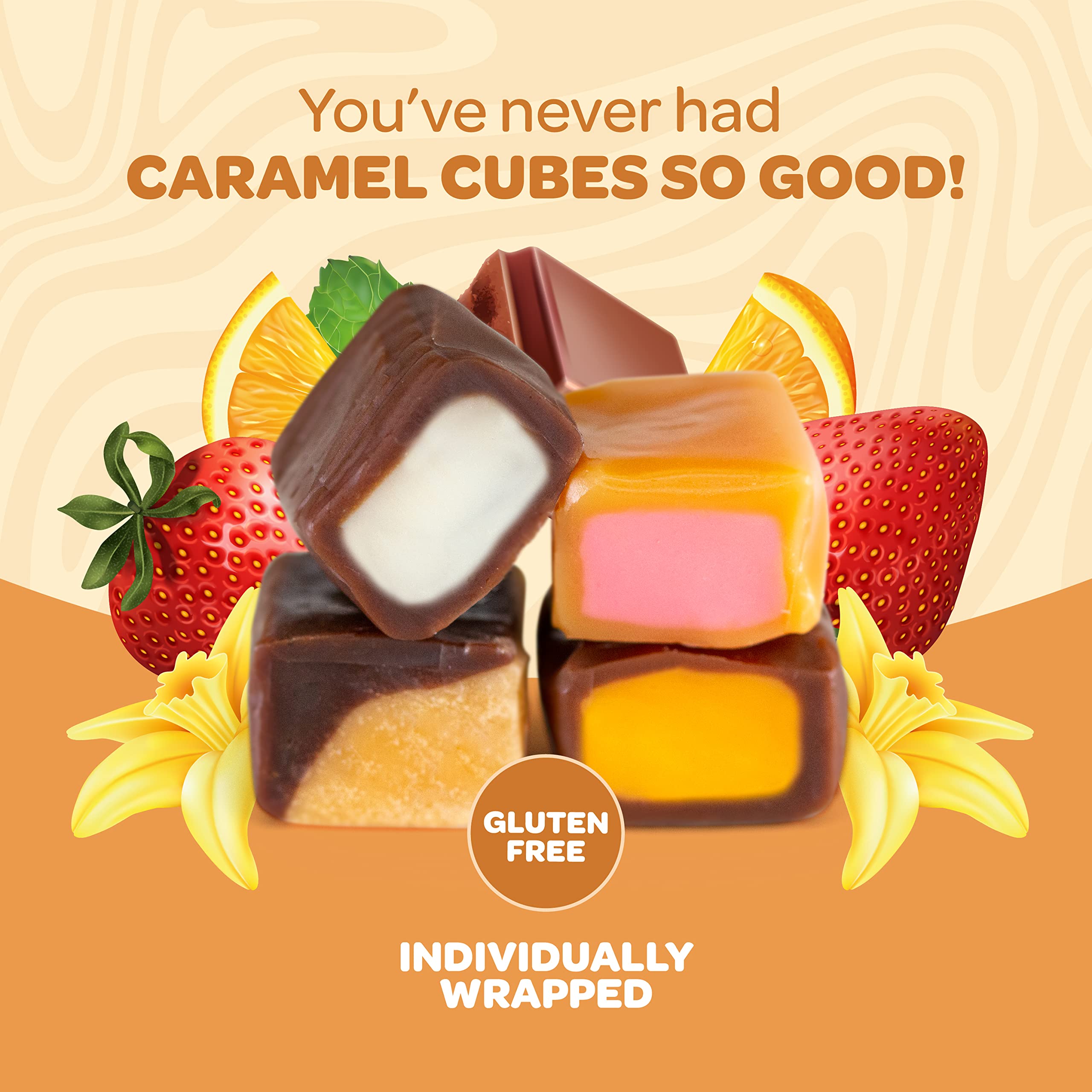 Funtasty Caramel Cubes Candy, Assorted Flavors, Individually Wrapped, Jar 24 Ounces (Over 100 Pieces)