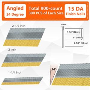 SITLDY 15 Gauge DA Angled Finish Nails, 34-Degree, 900-Pack (2-1/2", 2", 1-1/4" 300 Per Sizes), Galvanized Assorted Size Project Pack, for Pneumatic, Electric Angled Finish Nailer