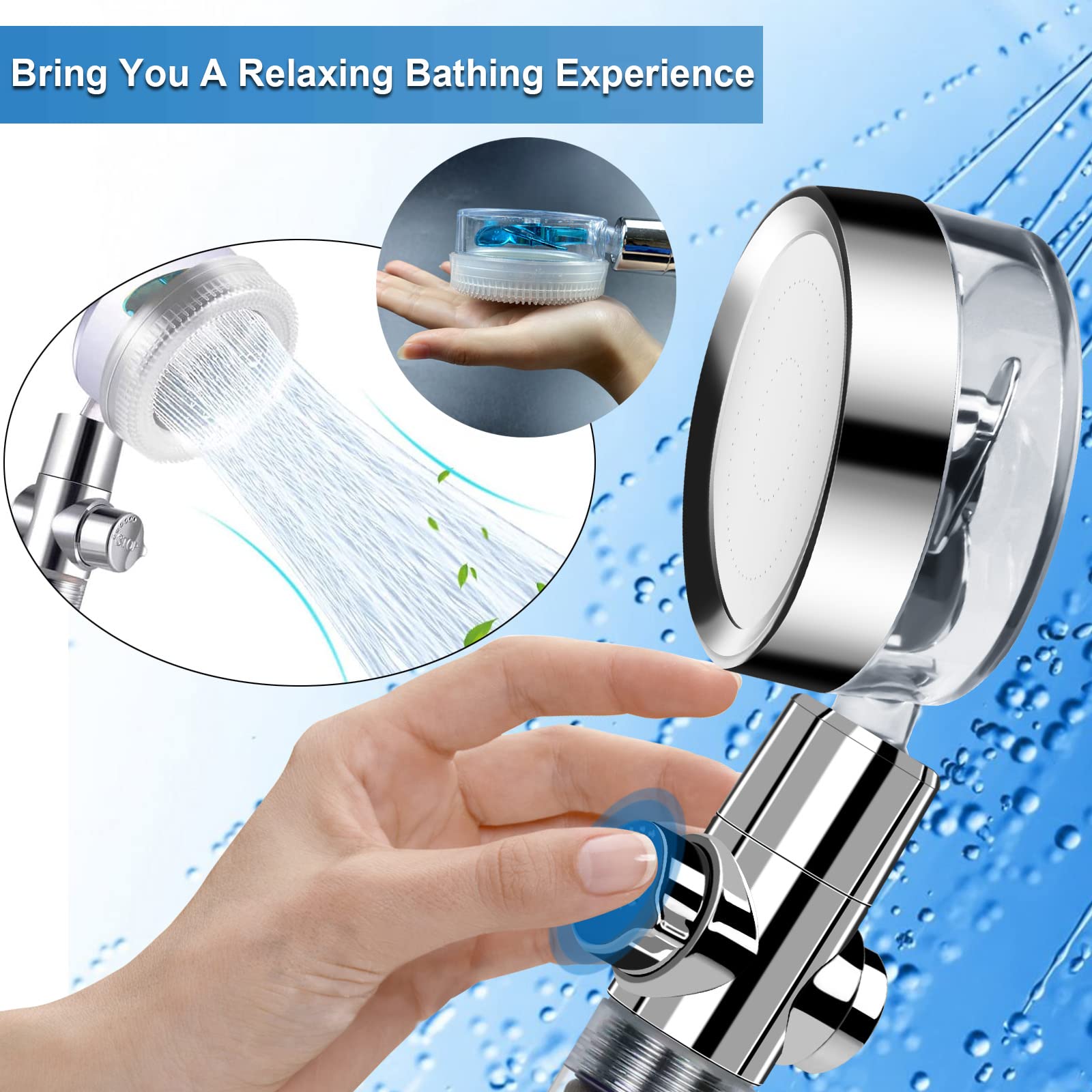 Hydro Jet High Pressure Shower Head Handheld Filtered Shower Head with Filter Beads Turbocharged Shower Head Kit with Replacement Hose/Bracket/Bead Filters and Bath Loofah-Blue