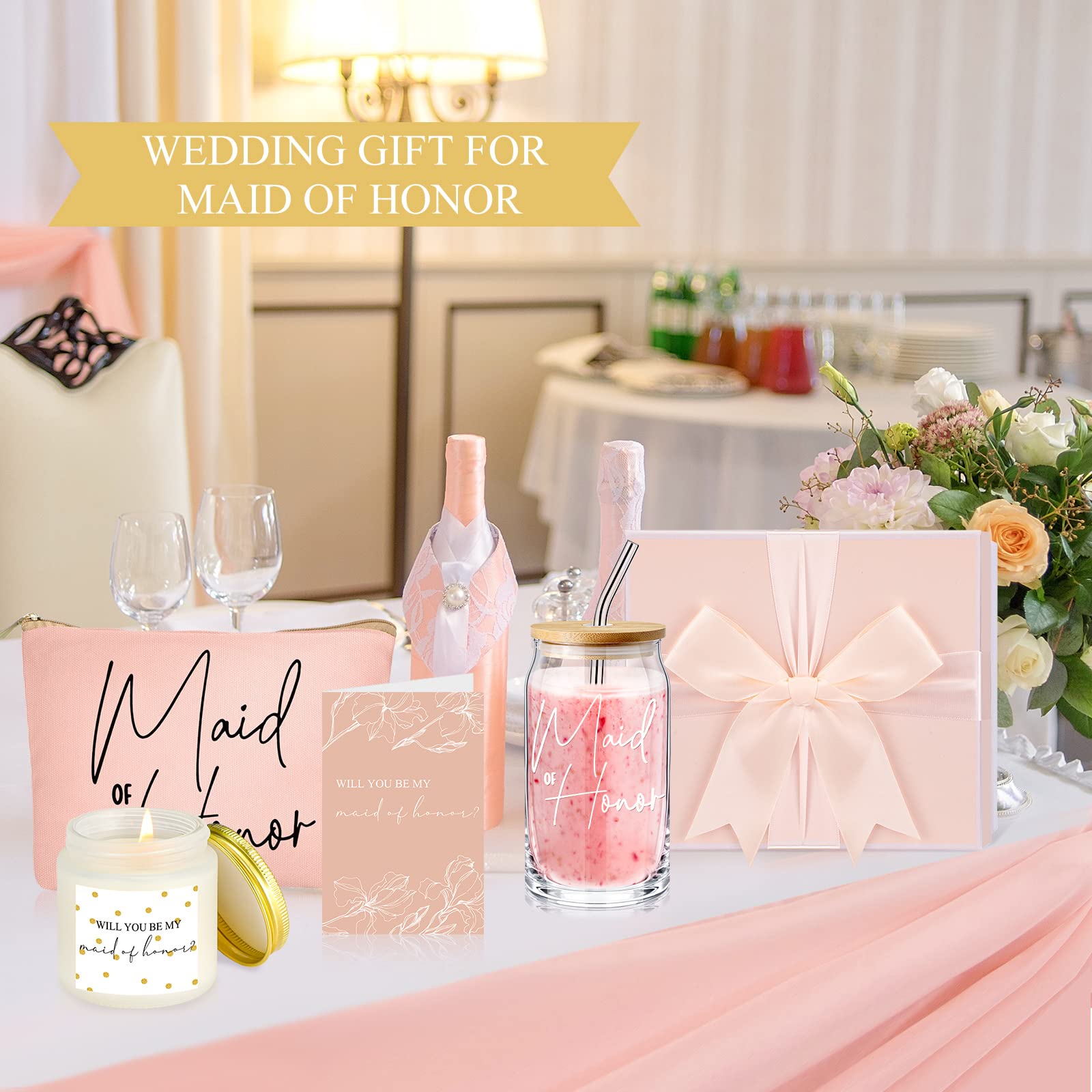 Maid of Honor Bridesmaid Proposal Gifts Box Includes Bridesmaid Glasses Maid of Honor Candle Makeup Bag Sage Wedding Invitation Cards for Bridal Party Favors