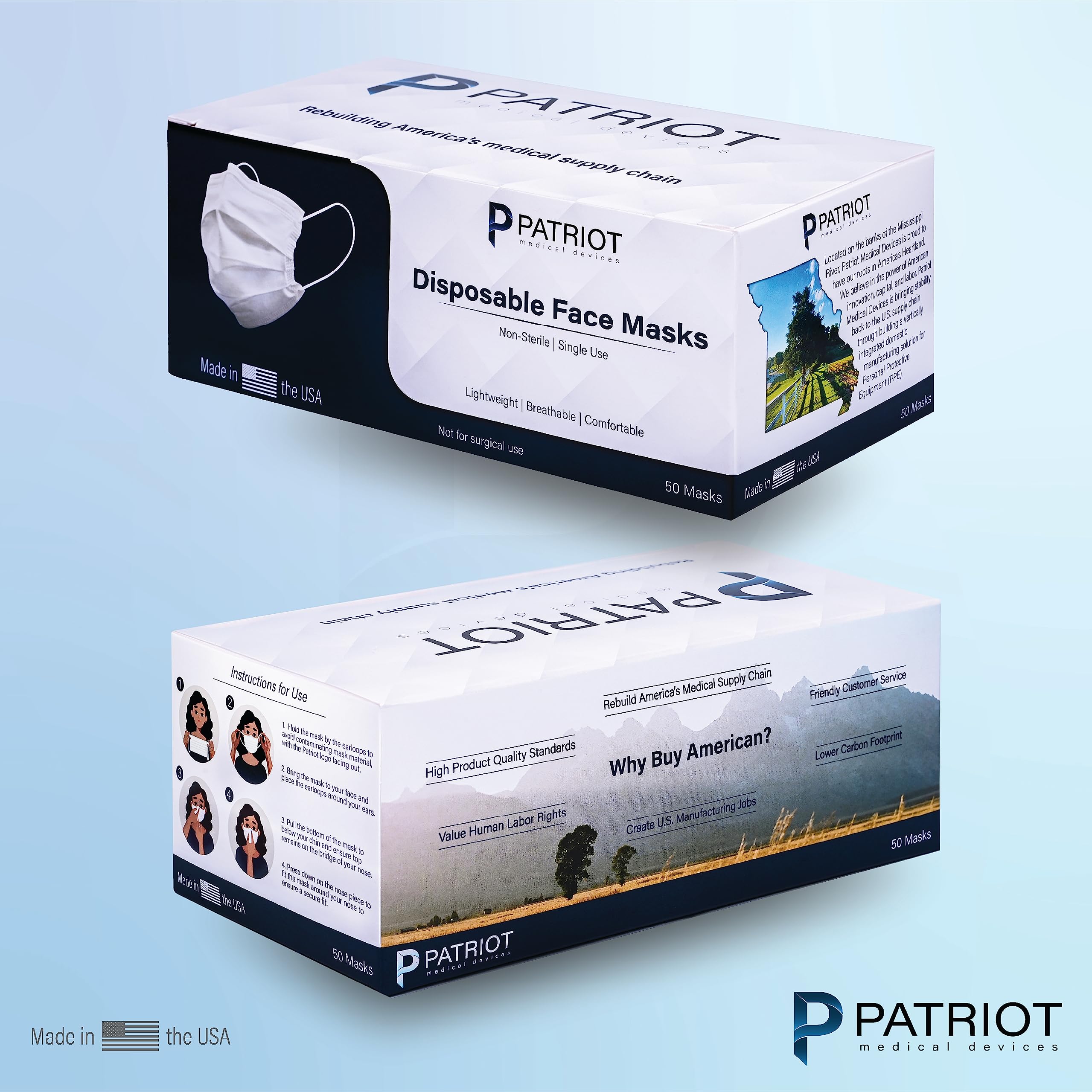 Patriot Medical Devices Disposable Face Mask | Made in the USA Soft, Hypoallergenic, Hydrophobic Material | 50 Count (white)