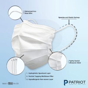 Patriot Medical Devices Disposable Face Mask | Made in the USA Soft, Hypoallergenic, Hydrophobic Material | 50 Count (white)