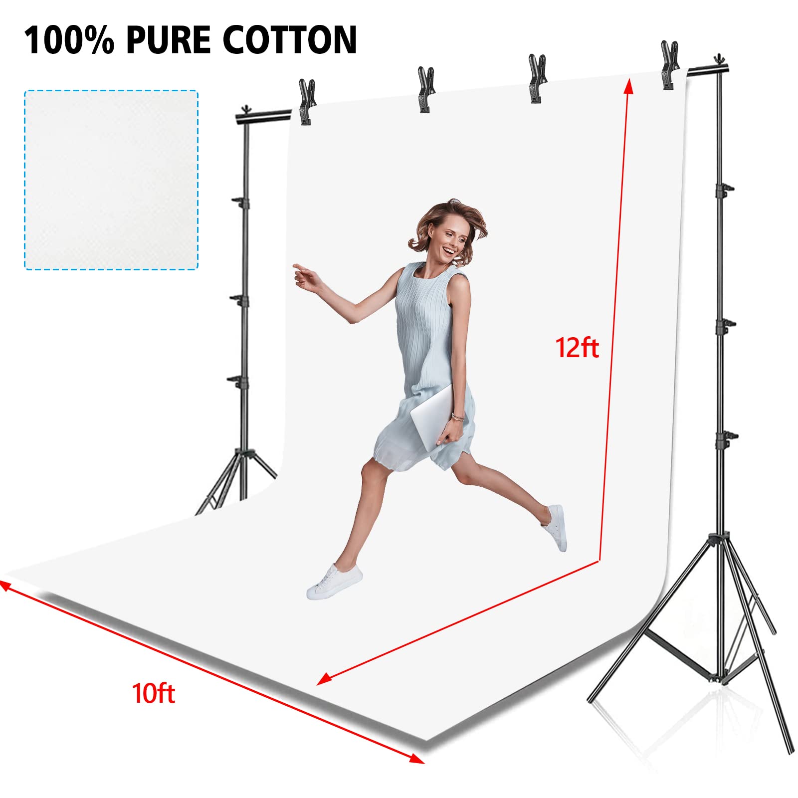 HYJ-INC Photo Background Support System with 10 x 10ft Backdrop Stand Kit,10 x12ft 100% White Cotton Muslin Backdrop,Clamp,Carry Bag for Photography Video Studio