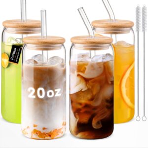 porkus glass cups with lids and straws 4pcs set, 20oz glass cups, glass coffee cups, iced coffee cup, cute tumbler cup