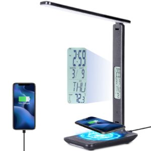 led desk lamp with wireless charger, usb charging port, desk lamps for home office, dimmable office lamp with clock, alarm, date, temperature, foldable study lamp, touch dorm lamp, black