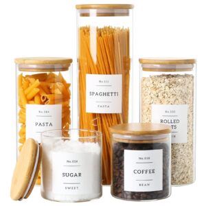 czszyghbao 5 pack glass jars with bamboo airtight lids - stackable food storage containers with 132 pantry labels - with wood lid for candy, cookie, rice, sugar, flour, pasta, nuts