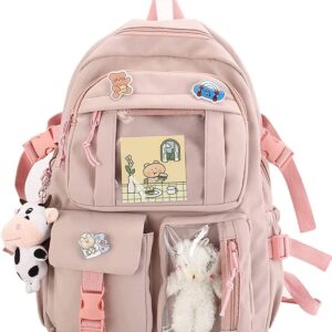 Maioloq Kawaii Backpack with Cute Bear Plush Pin Accessories Large Capacity Aesthetic School Bags Cute sage green Bookbag for Girls Teen-sage Green 111…