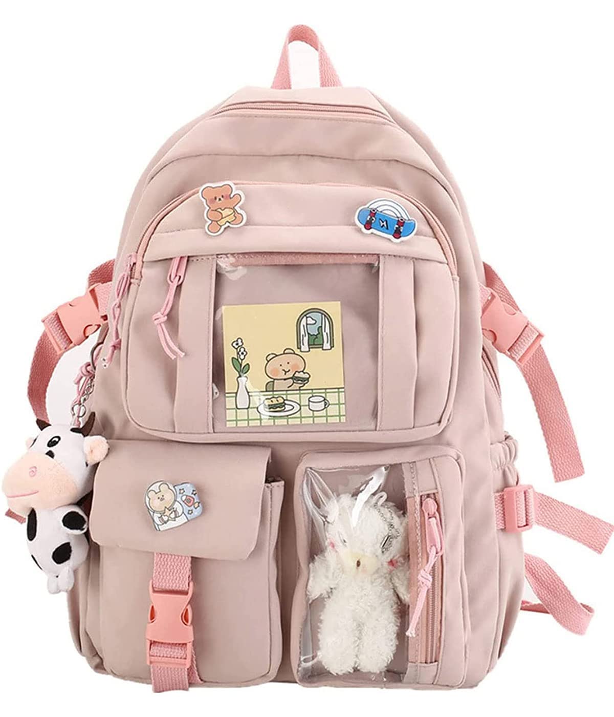 Maioloq Kawaii Backpack with Cute Bear Plush Pin Accessories Large Capacity Aesthetic School Bags Cute sage green Bookbag for Girls Teen-sage Green 111…