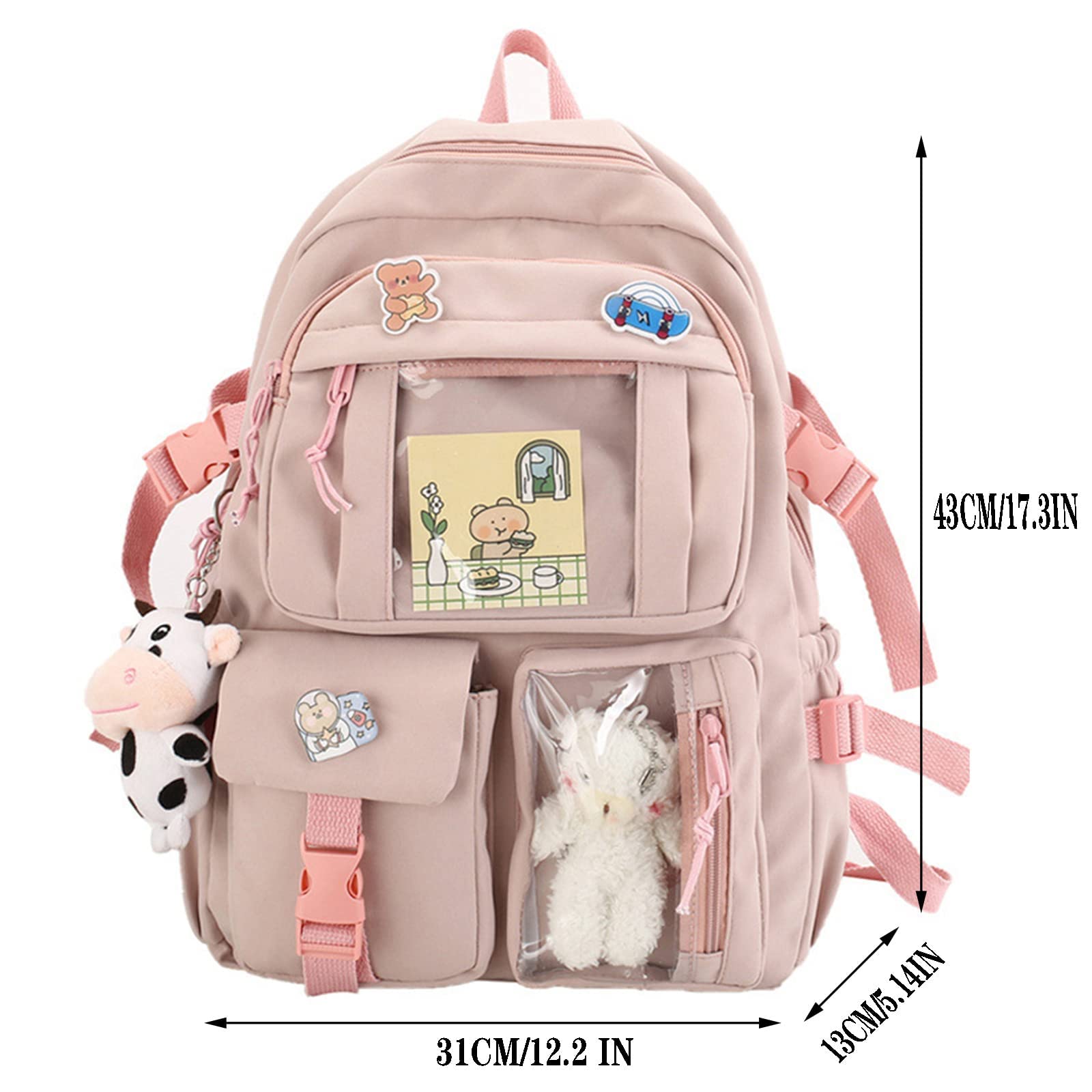 Maioloq Kawaii Backpack with Cute Bear Plush Pin Accessories Large Capacity Aesthetic School Bags Cute sage green Bookbag for Girls Teen-sage Green 111…