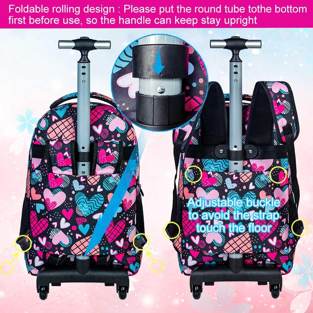 gxtvo 3pcs Rolling Backpack for Women, Adult Roller Bookbag Set with Wheels, Wheeled Shcool Bag for Girls