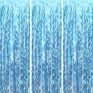 wavy tinsel foil fringe curtain photo booth props for mermaid birthday under the sea party decorations (3 pack 3.2 ft x 6.6 ft teal blue)