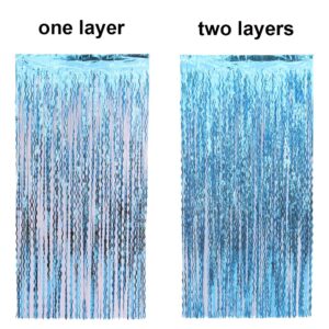 Wavy Tinsel Foil Fringe Curtain Photo Booth Props for Mermaid Birthday Under The Sea Party Decorations (3 Pack 3.2 ft X 6.6 ft Teal Blue)