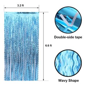 Wavy Tinsel Foil Fringe Curtain Photo Booth Props for Mermaid Birthday Under The Sea Party Decorations (3 Pack 3.2 ft X 6.6 ft Teal Blue)