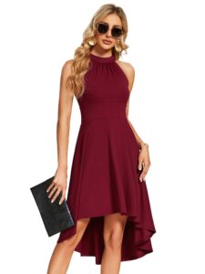 ever-pretty women's halter neck pleated sleeveless high low a-line midi cocktail dresses burgundy s