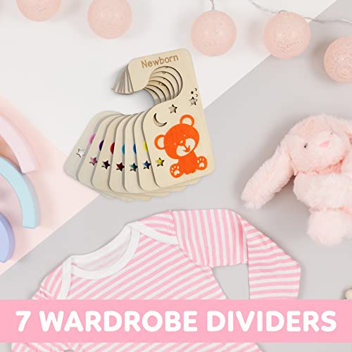 Wooden Baby Closet Dividers for Baby Nursery – 7Pcs Premium Wooden Hanging Organizer for Baby Clothes – Cute Felt Baby Cub Design Closet Dividers for Hanging Clothes – Easy to Install