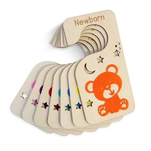 Wooden Baby Closet Dividers for Baby Nursery – 7Pcs Premium Wooden Hanging Organizer for Baby Clothes – Cute Felt Baby Cub Design Closet Dividers for Hanging Clothes – Easy to Install