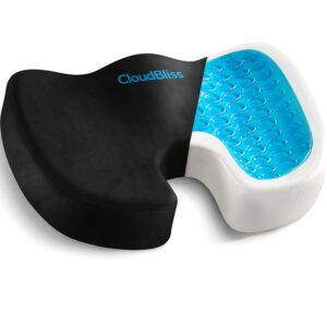 cloudbliss office chair seat cushion - gel enhanced memory foam & suede cover - back, sciatica, tailbone & coccyx pain relief, for office chair, car seat, train/plane seat (black, large)