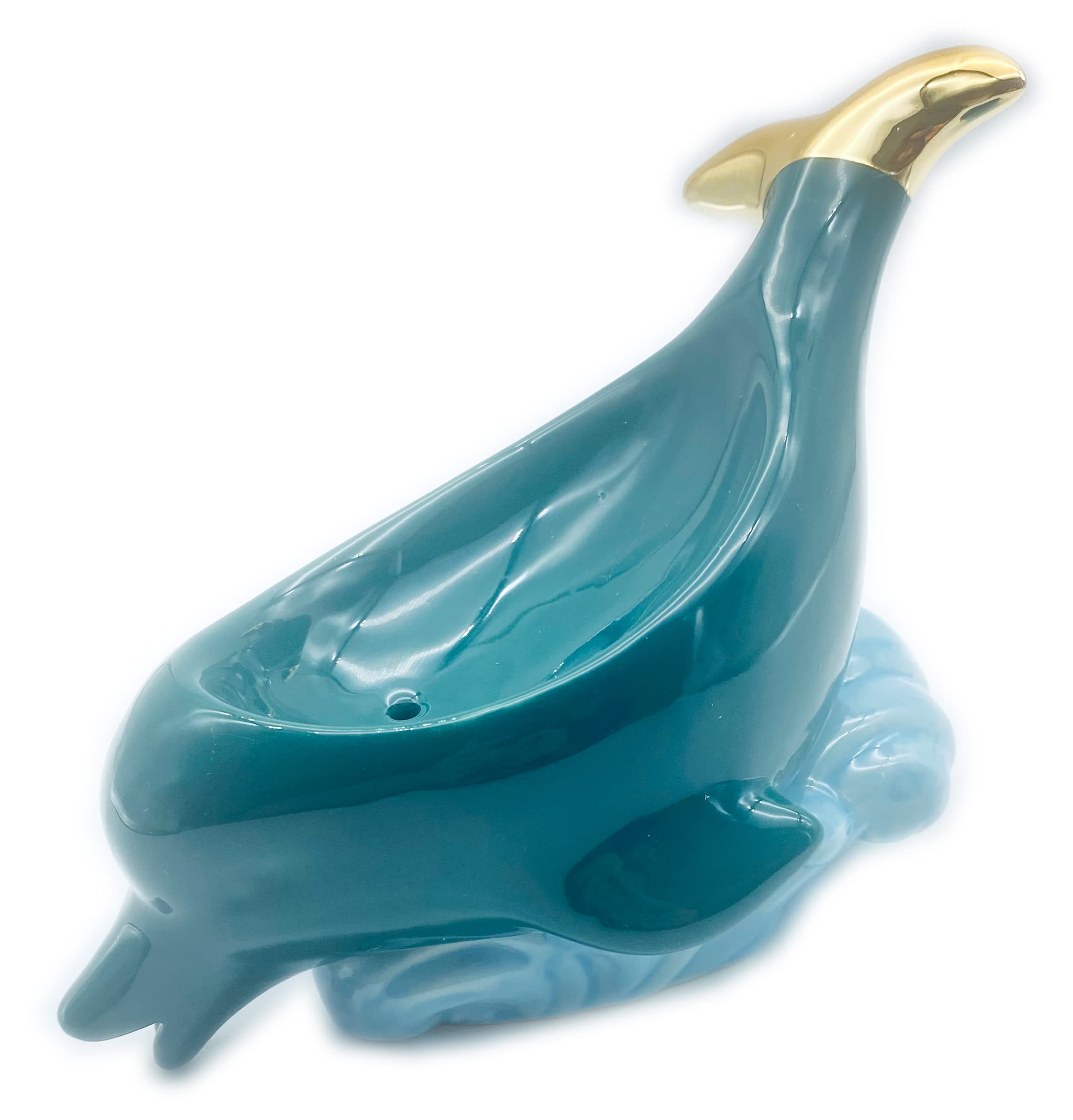 Ceramic Soap Dish,Self Draining Bar Soap Dish Holder for Bathroom and Shower Easy Cleaning,Whale&Waves Shape (Green Whale)