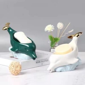 Ceramic Soap Dish,Self Draining Bar Soap Dish Holder for Bathroom and Shower Easy Cleaning,Whale&Waves Shape (Green Whale)
