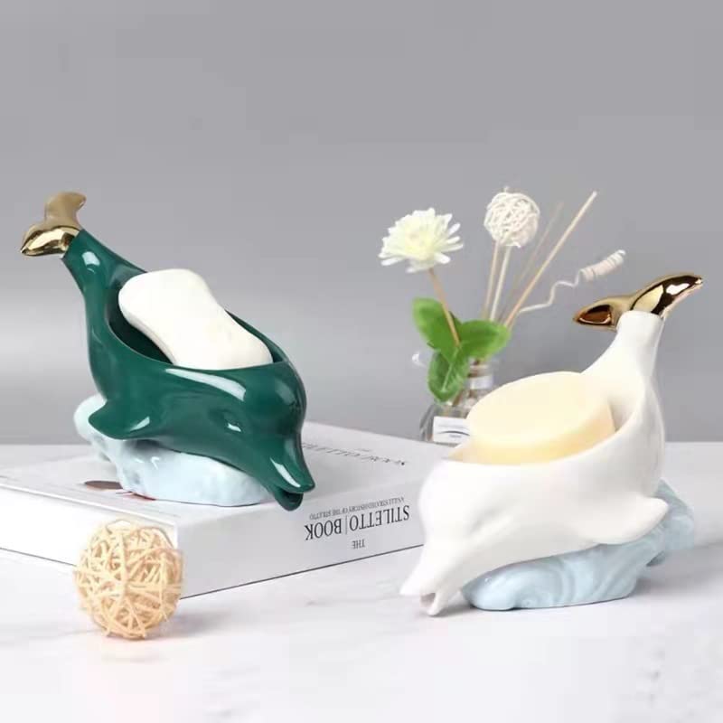 Ceramic Soap Dish,Self Draining Bar Soap Dish Holder for Bathroom and Shower Easy Cleaning,Whale&Waves Shape (Green Whale)