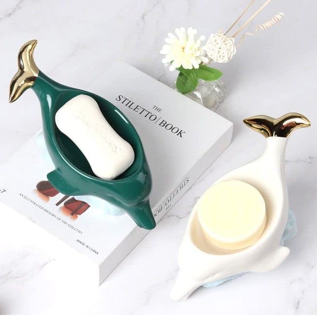Ceramic Soap Dish,Self Draining Bar Soap Dish Holder for Bathroom and Shower Easy Cleaning,Whale&Waves Shape (Green Whale)