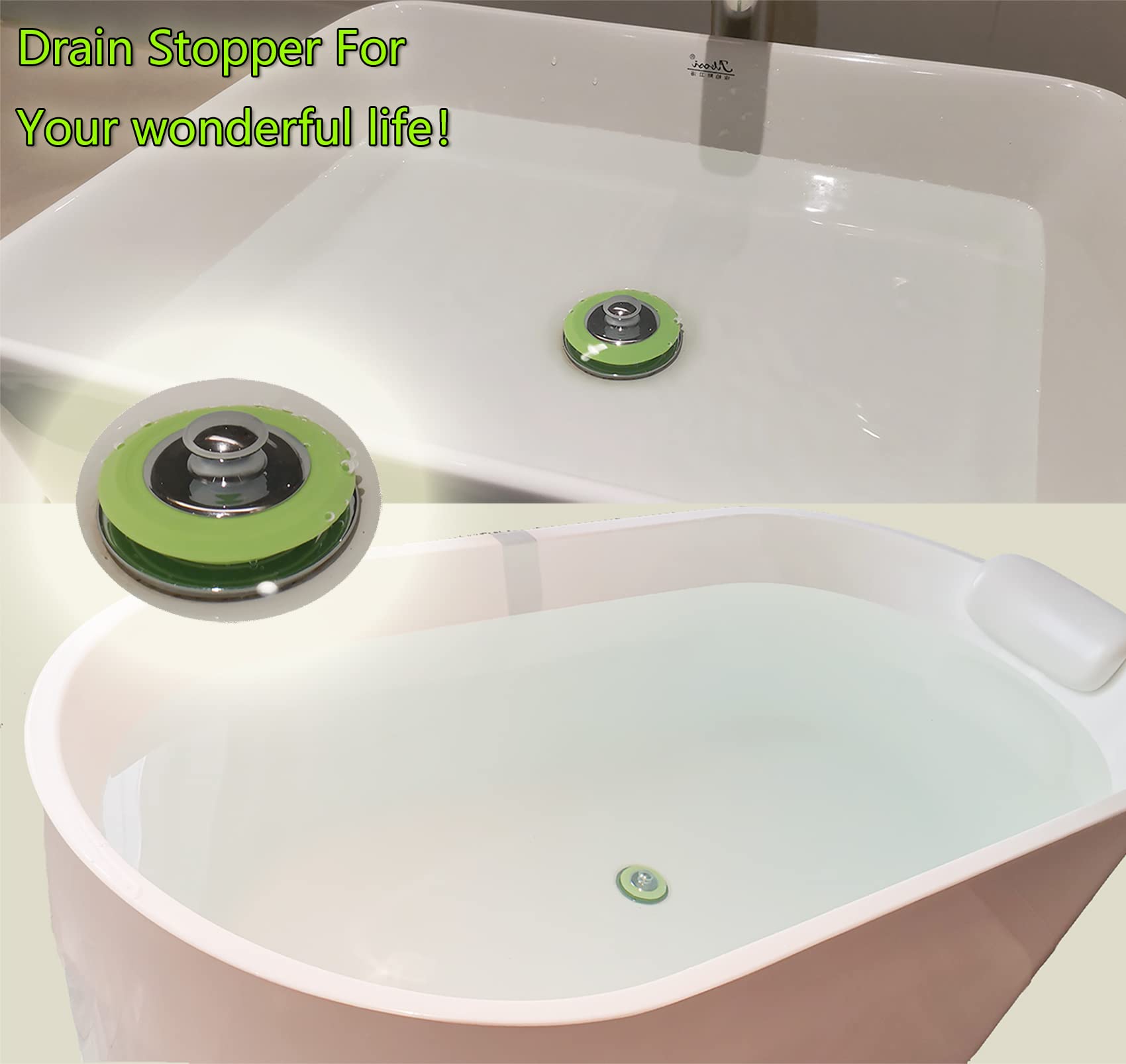 XAJOON Tub Stopper,Drain Stopper,Bathtub Plug,Bathroom Sink Stopper, Silicone Bathtub Stopper，Green Stopper (Patented Product)