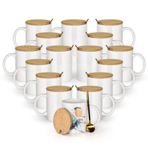 agh 16pcs 11 oz sublimation mugs blank, white coffee ceramic mugs bulk, plain mug cups for sublimation with bamboo lids and stainless steel spoon for coffee, soup, tea, milk, latte, hot cocoa