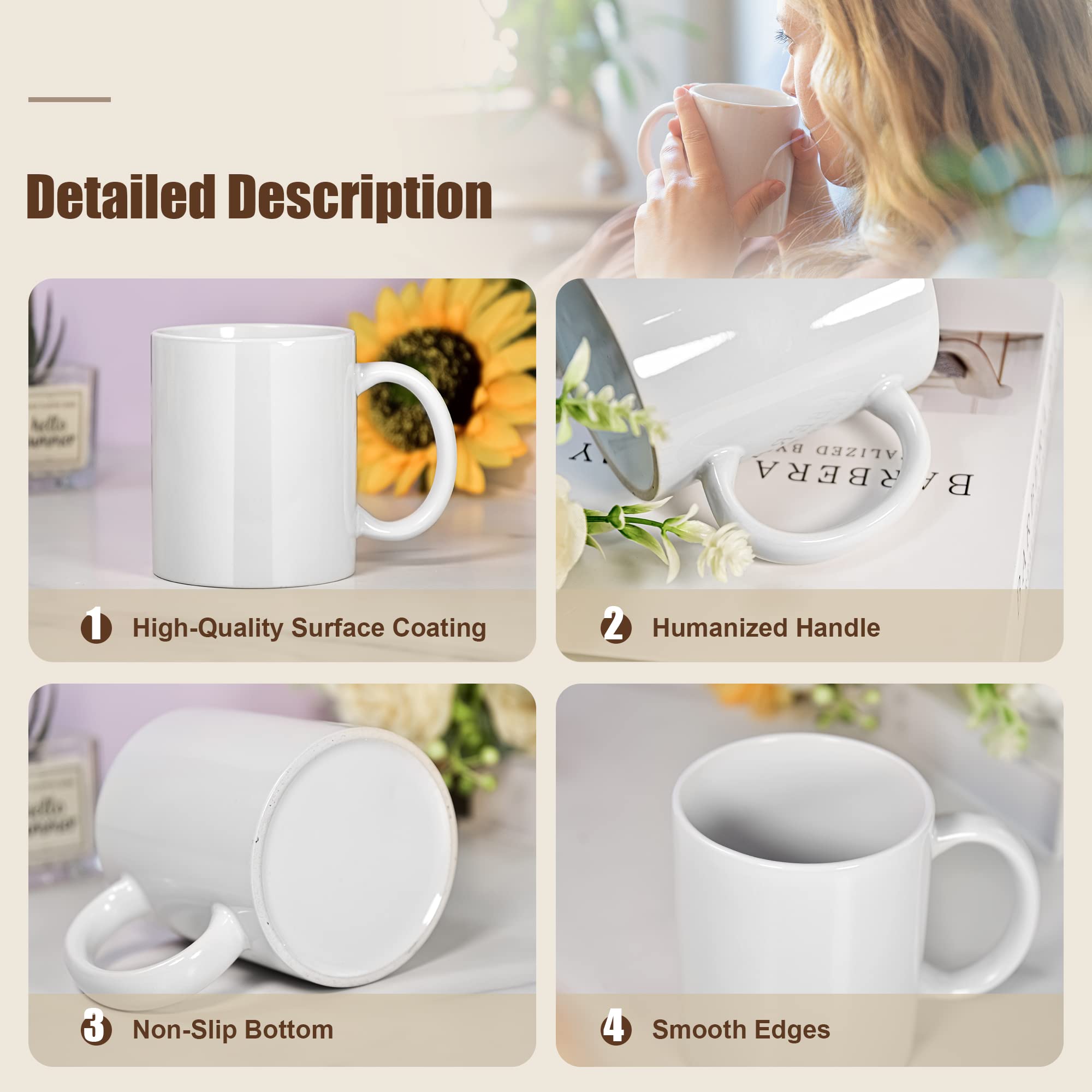 AGH 16pcs 11 Oz Sublimation Mugs Blank, White Coffee Ceramic Mugs Bulk, Plain Mug Cups for Sublimation with Bamboo Lids and Stainless Steel Spoon For Coffee, Soup, Tea, Milk, Latte, Hot Cocoa