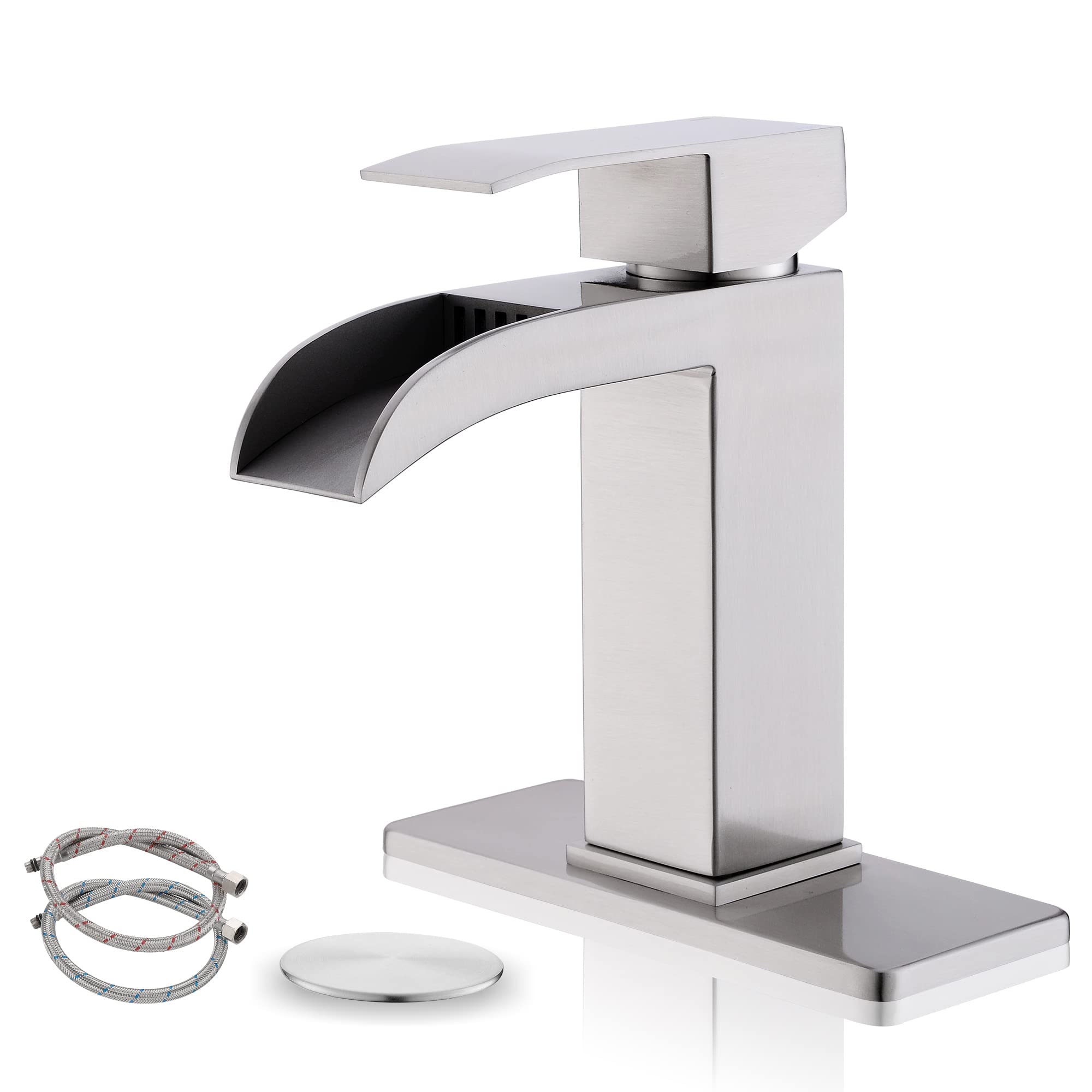 BRAVEBAR Brushed Nickel Waterfall Bathroom Faucet - Single Handle Sink Faucets Bathroom 1 Hole or 3 Hole for 4In | Modern Solid Brass Vanity Faucet with Deck Plate & Overflow Pop Up Drain