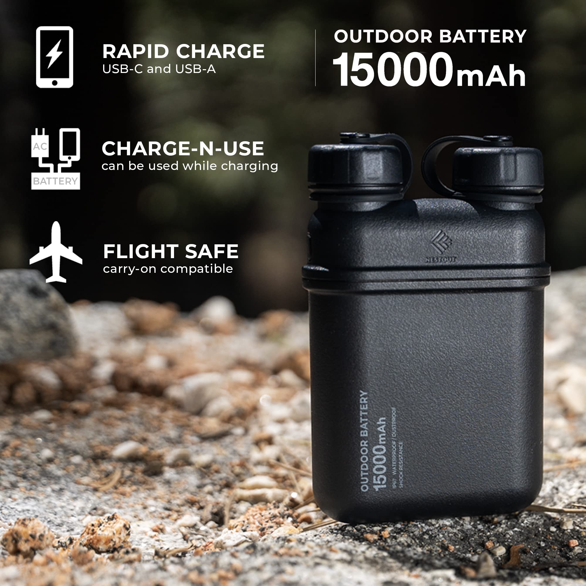 ELECOM NESTOUT Rugged Power Bank, 15000mAh Outdoor Charger, 32W USB-C Fast Charging PD, Waterproof IP67, Durable Shockproof, Battery Pack for iPhone Tablet Hiking Travel Camping (Beige, 15000mAh)