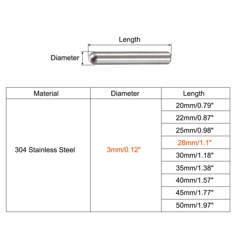 Tool parts 3x28mm Dowel Pins - 10pcs Round Head Flat Chamfered End Dowel Pin