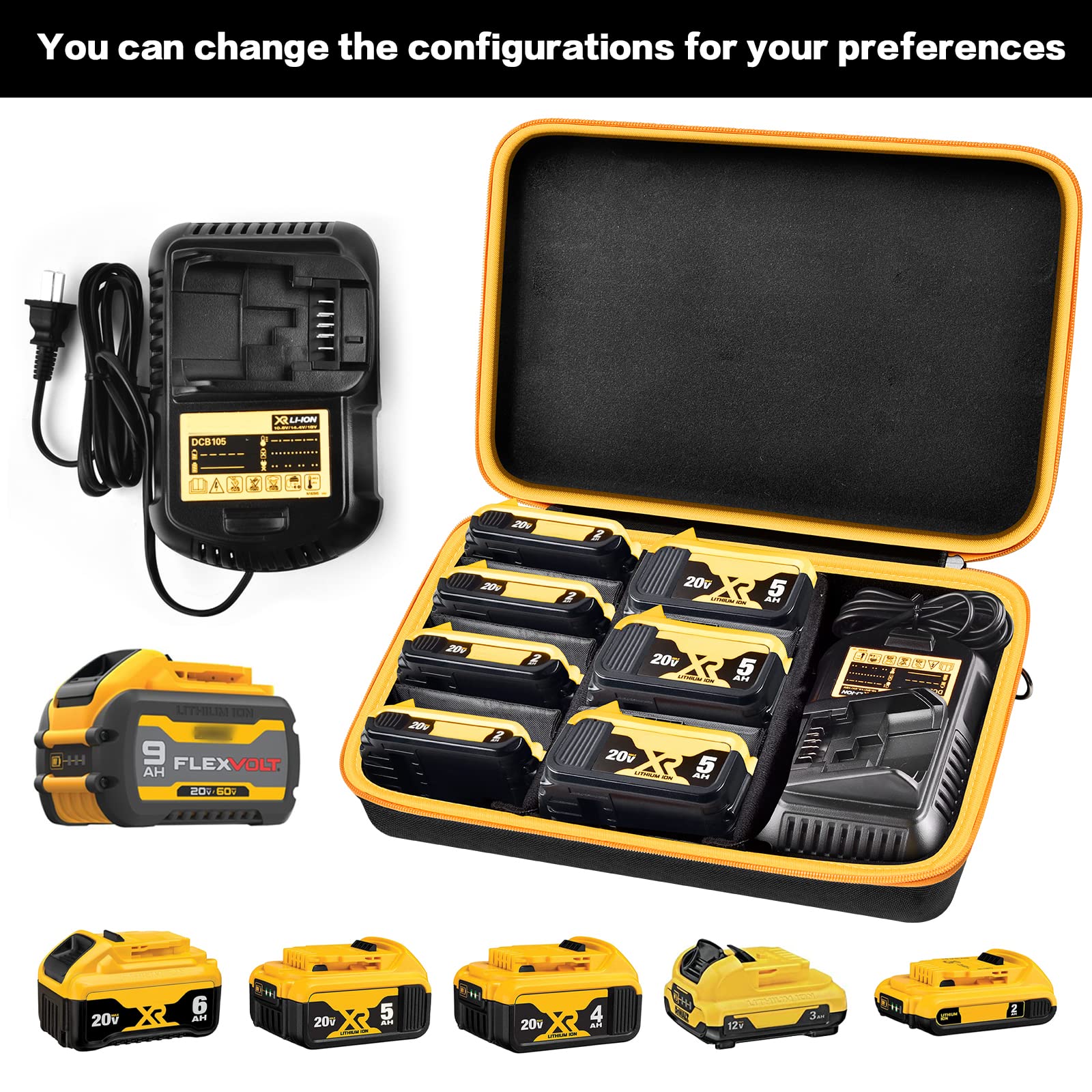 Extra Large Battery Storage Holder Case for DEWALT 20V/ 60V MAX XR Battery &Charger, Tool Batteries Pack Carrier Box for 20V 60V 2.0/3.0/4.0/5.0/6.0/9.0-Ah Batteries, Adapter - Black Inside