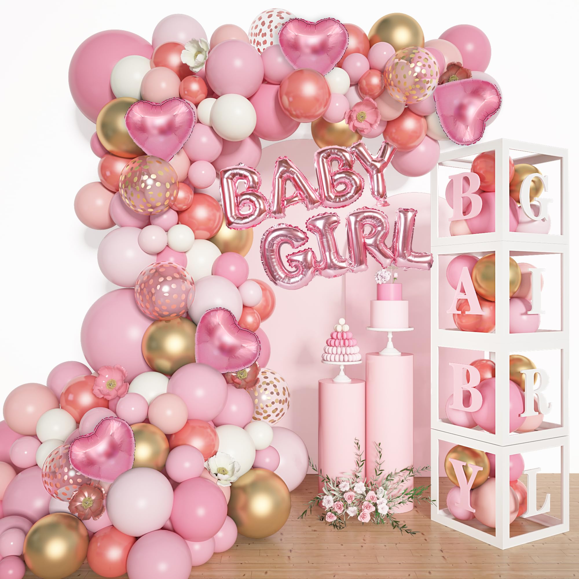 Amandir 137PCS Baby Shower Decoration for Girl Rose Gold Pink Balloon Garland Kit 4PCS Baby Balloon Block Boxes with Letters for Birthday Party Supplies Gender Reveal Decor