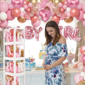 Amandir 137PCS Baby Shower Decoration for Girl Rose Gold Pink Balloon Garland Kit 4PCS Baby Balloon Block Boxes with Letters for Birthday Party Supplies Gender Reveal Decor