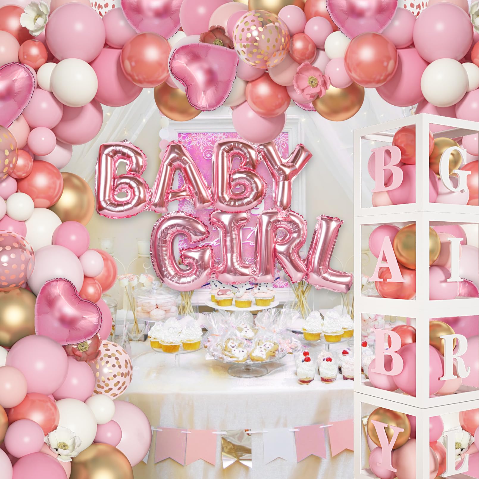 Amandir 137PCS Baby Shower Decoration for Girl Rose Gold Pink Balloon Garland Kit 4PCS Baby Balloon Block Boxes with Letters for Birthday Party Supplies Gender Reveal Decor