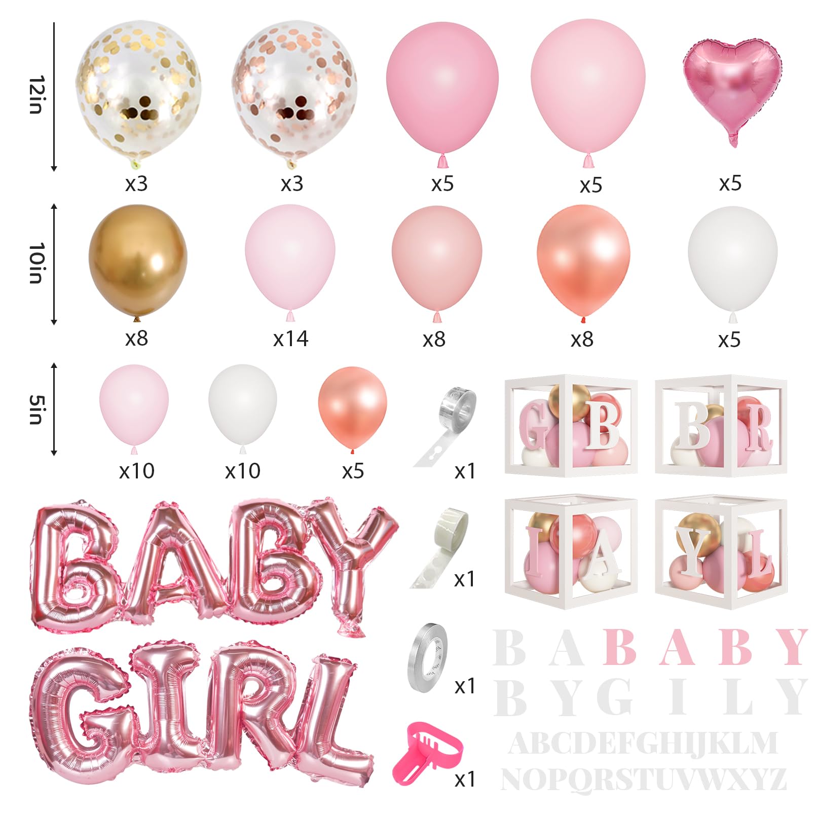 Amandir 137PCS Baby Shower Decoration for Girl Rose Gold Pink Balloon Garland Kit 4PCS Baby Balloon Block Boxes with Letters for Birthday Party Supplies Gender Reveal Decor