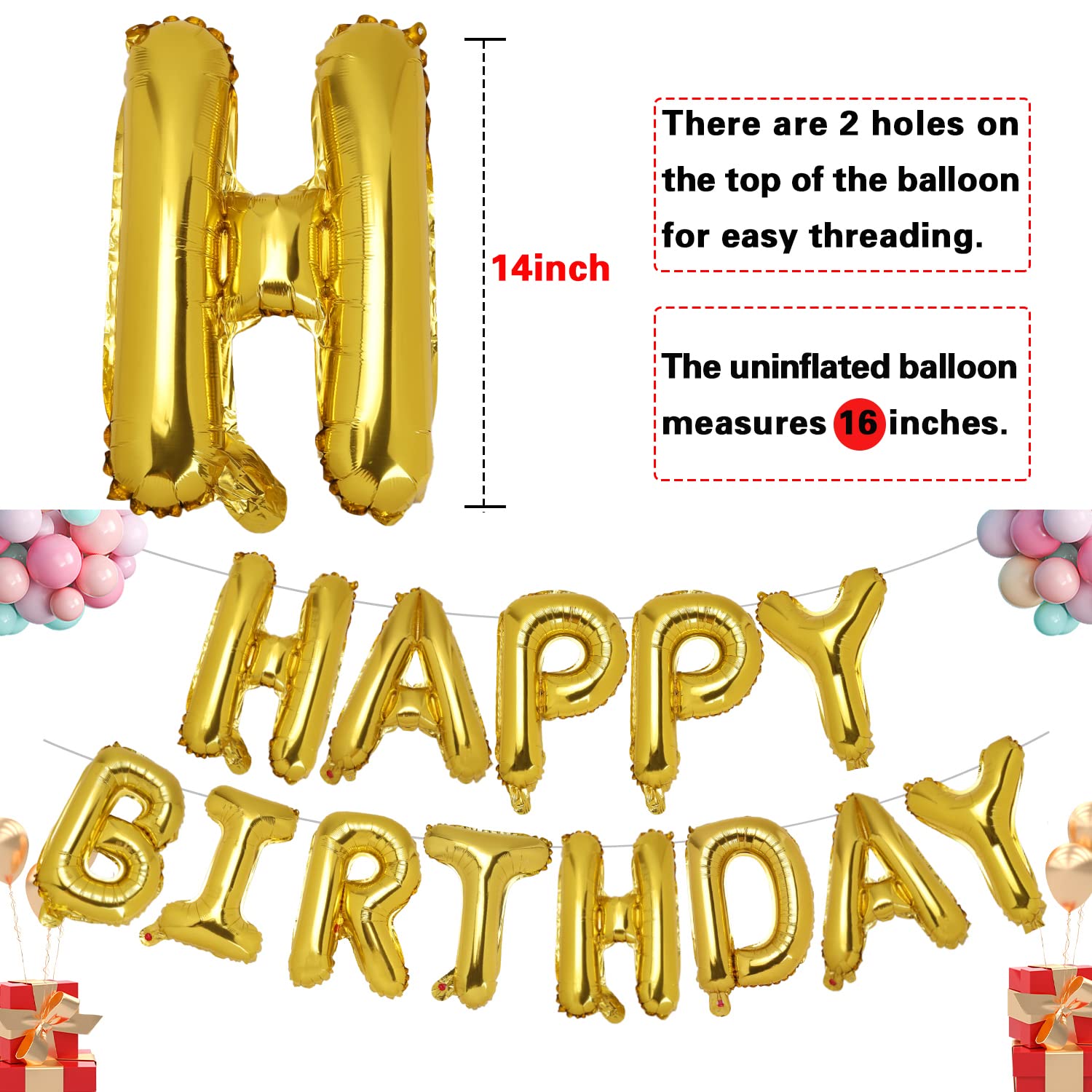 Accevo Gold Happy Birthday Balloons 16 Inch Mylar Foil Letters Balloons Happy Birthday Banner for Kids Child Adults Boys Girls Happy Birthday Sign Birthday Party Decorations Supplies