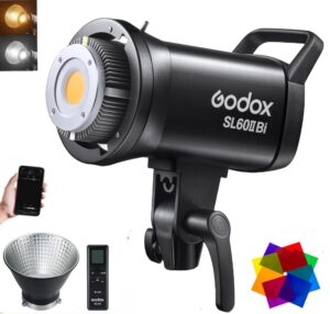 godox sl60iibi bi-color led video light, 75w 2800k-6500k 25100lux@1m cri 96+ tlci97+ bowens mount led continuous light, 11 fx effects studio led light with app control&rc-a6 remote