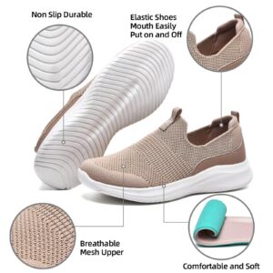 TIOSEBON Women's Walking Tennis Shoes Knit Slip on Mesh Comfortable Sneaker 2229 Light Brown US 8.5