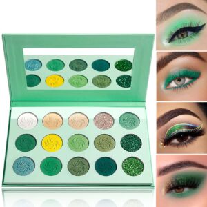 wenjlyj 15 color green eyeshadow palette,highly pigmented green eyeshadow matte shimmer makeup pallete,long wear waterproof eye shadow pallete glitter eyeshadow pallets for women