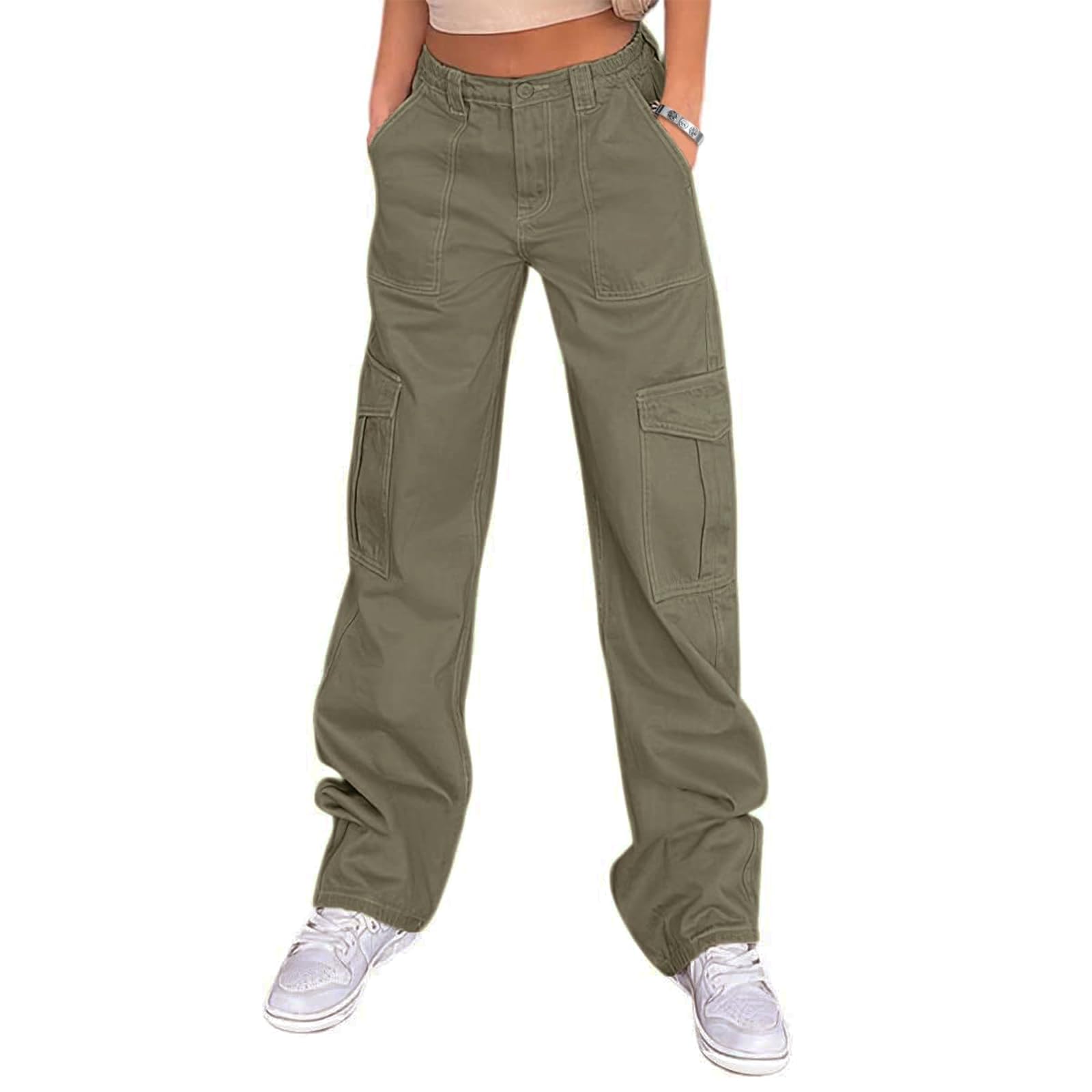 Cargo Pants Women High Waist Baggy Cargo Jeans Relaxed Fit Y2K Streetwear Pants Casual Elastic Waistband Combat Military Trousers L-Gray Green.