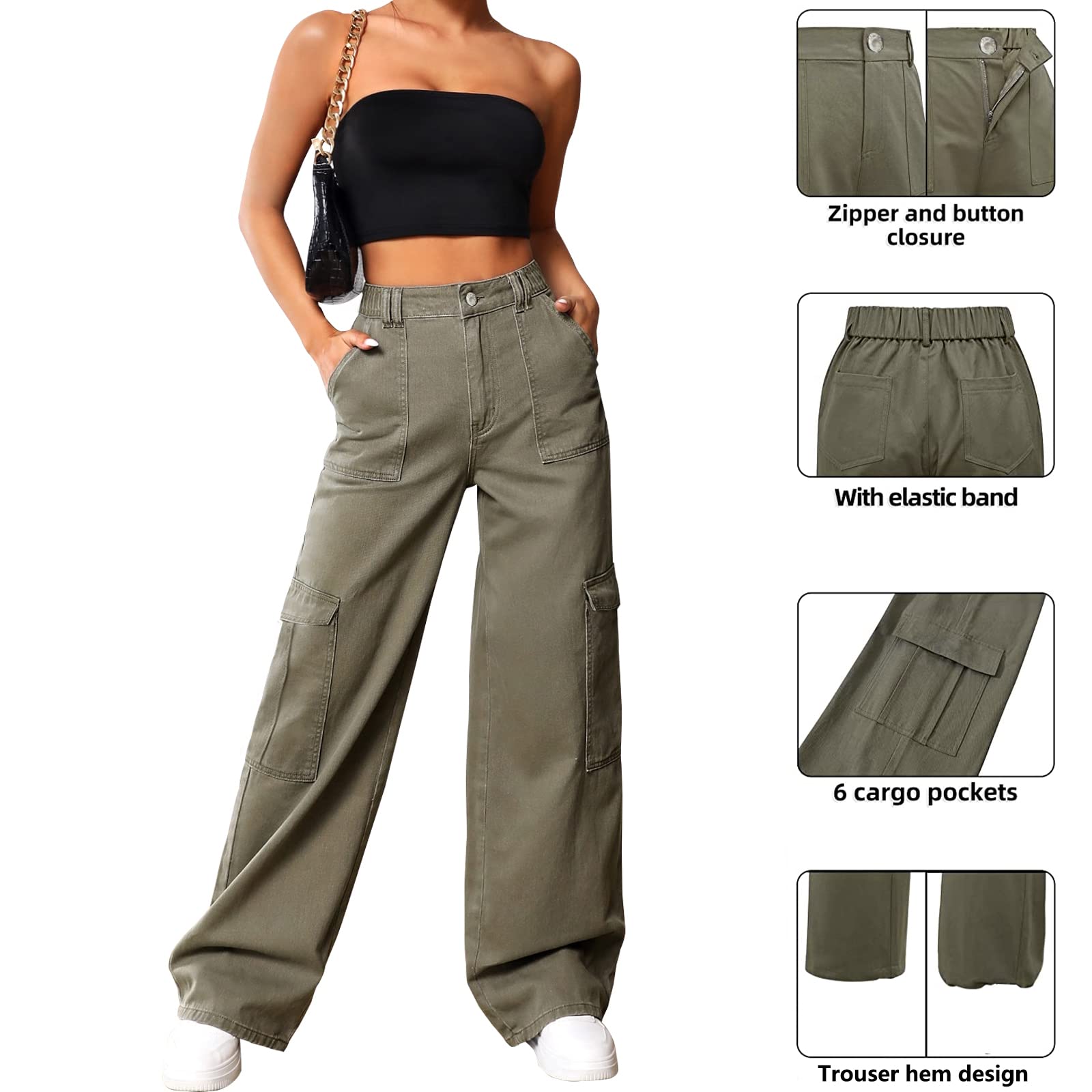 Cargo Pants Women High Waist Baggy Cargo Jeans Relaxed Fit Y2K Streetwear Pants Casual Elastic Waistband Combat Military Trousers L-Gray Green.