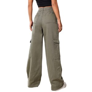 Cargo Pants Women High Waist Baggy Cargo Jeans Relaxed Fit Y2K Streetwear Pants Casual Elastic Waistband Combat Military Trousers L-Gray Green.