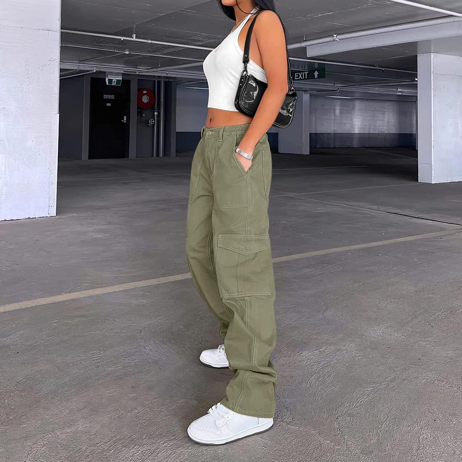 Cargo Pants Women High Waist Baggy Cargo Jeans Relaxed Fit Y2K Streetwear Pants Casual Elastic Waistband Combat Military Trousers L-Gray Green.