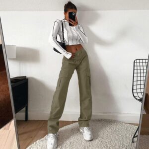 Cargo Pants Women High Waist Baggy Cargo Jeans Relaxed Fit Y2K Streetwear Pants Casual Elastic Waistband Combat Military Trousers L-Gray Green.